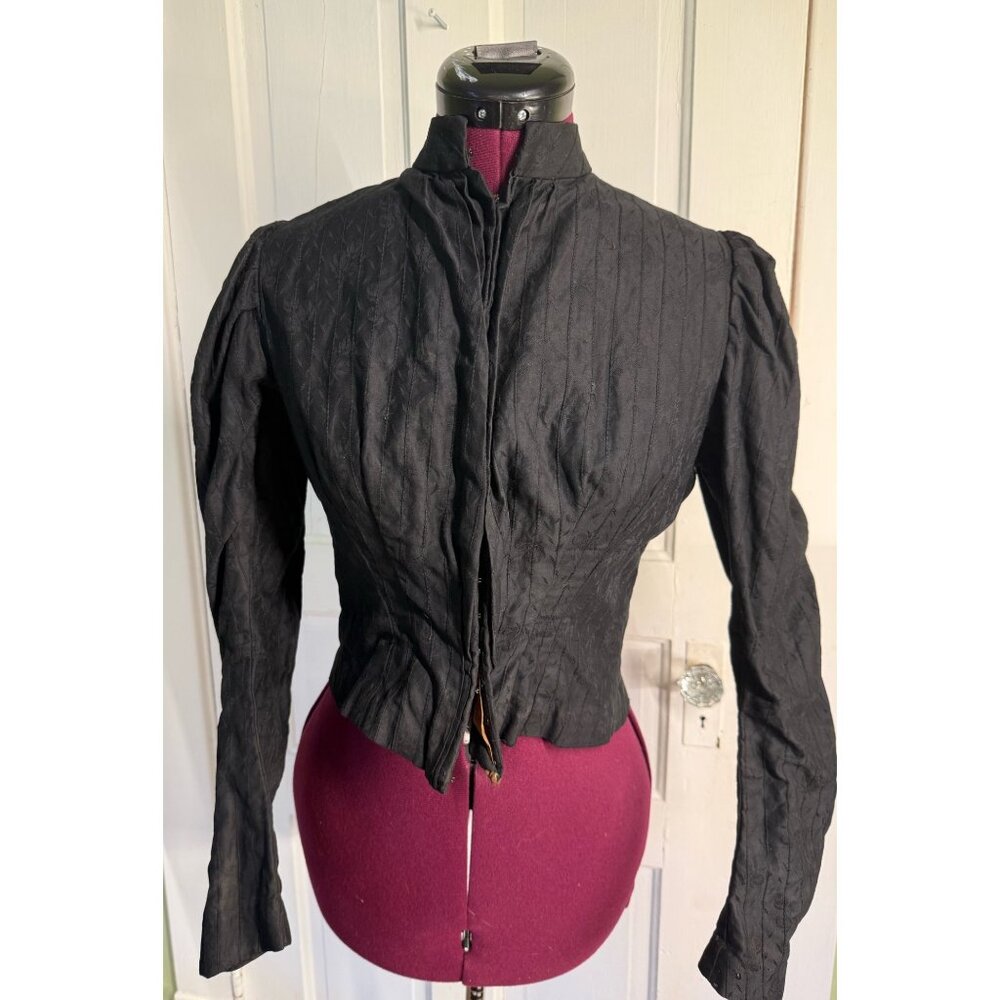 Antique 1880s Black Jacquard Floral Cotton Bodice Top